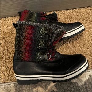 Celebrity Pink Black and Red Knit Winter Boots